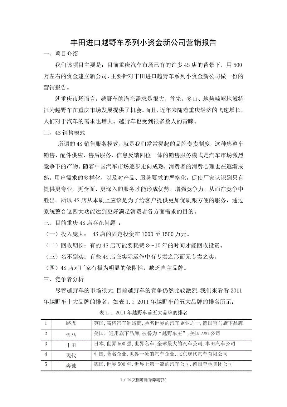 丰田进口越野车系列小资金新公司营销报告_第1页