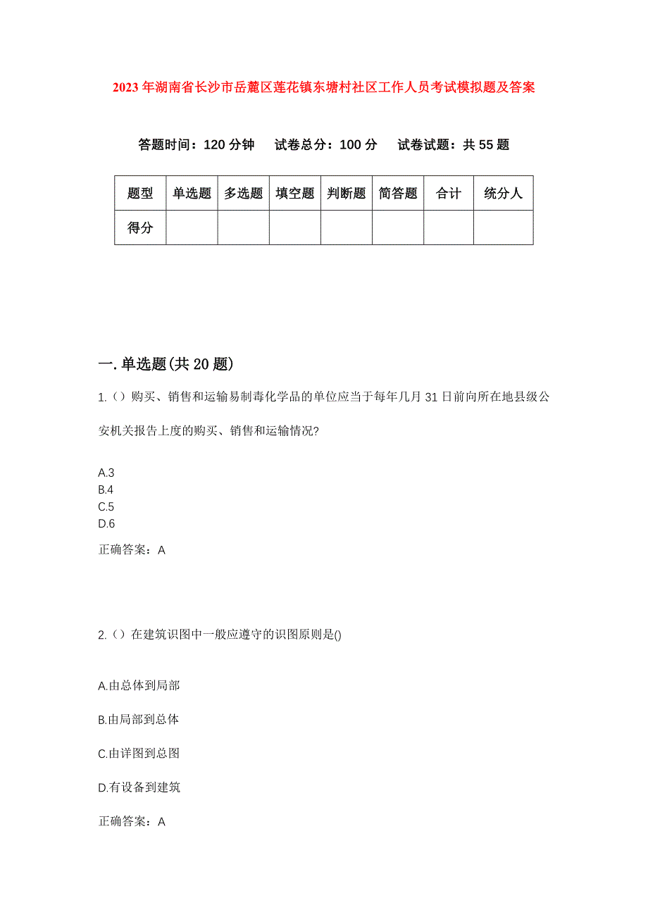 2023年湖南省长沙市岳麓区莲花镇东塘村社区工作人员考试模拟题及答案_第1页