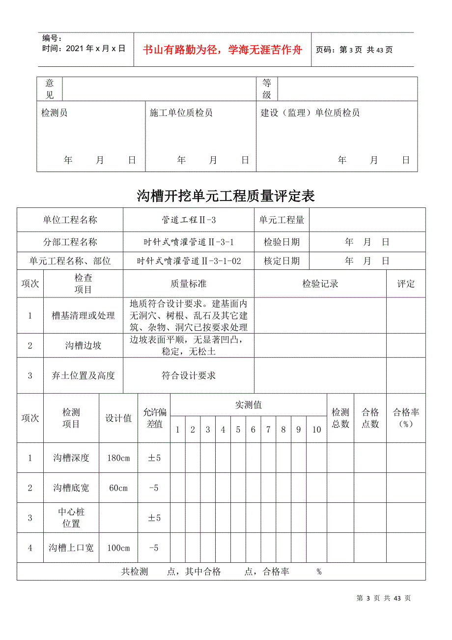 沟槽开挖单元工程质量评定表(时针式)_第3页