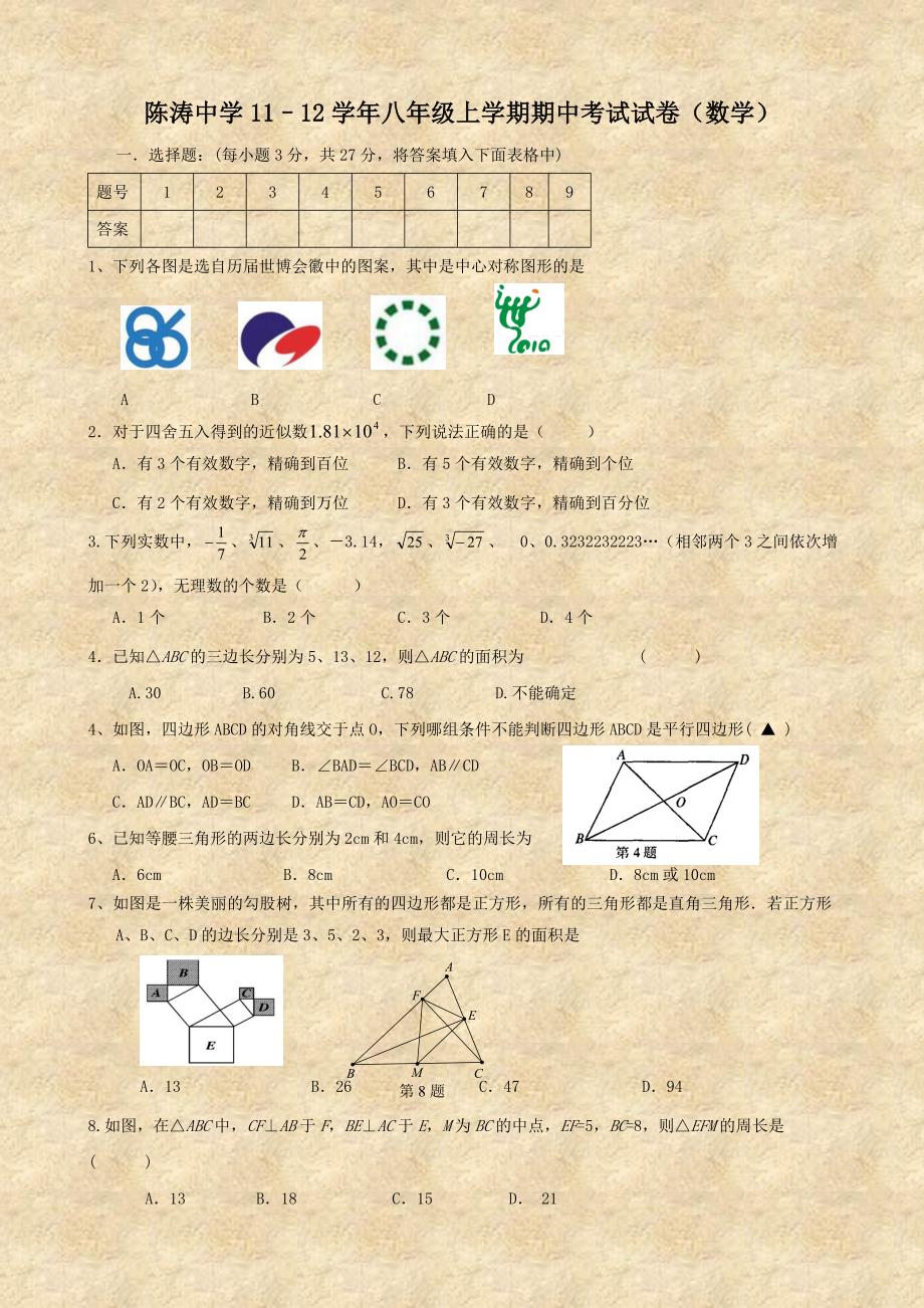 陈涛中学2011–2012年八年级数学期中试卷_第1页