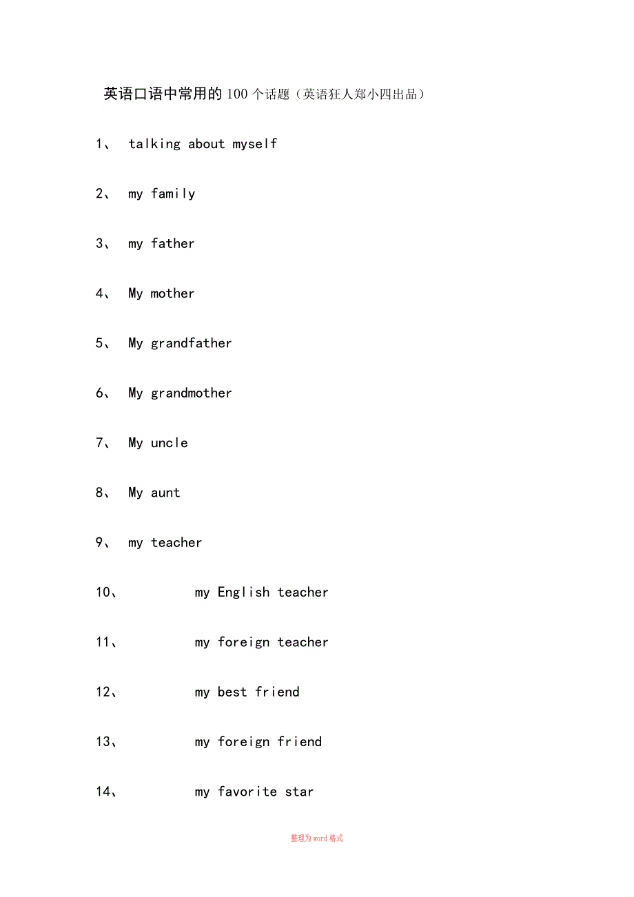 英语口语100个话题Word_第1页