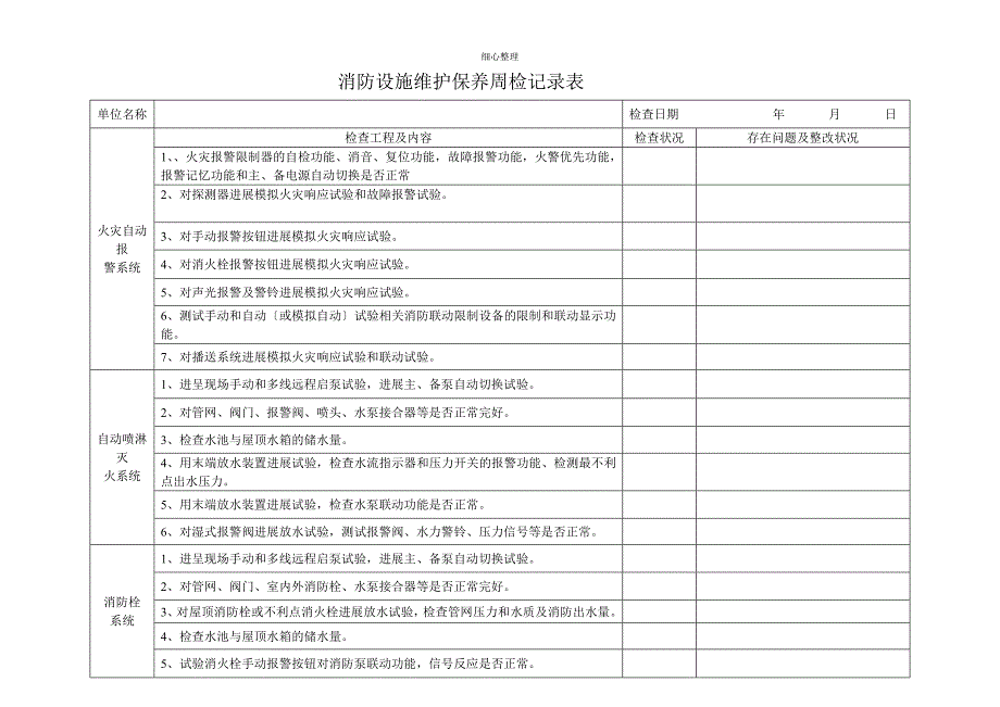 消防设施维护保养周检记录表_第1页