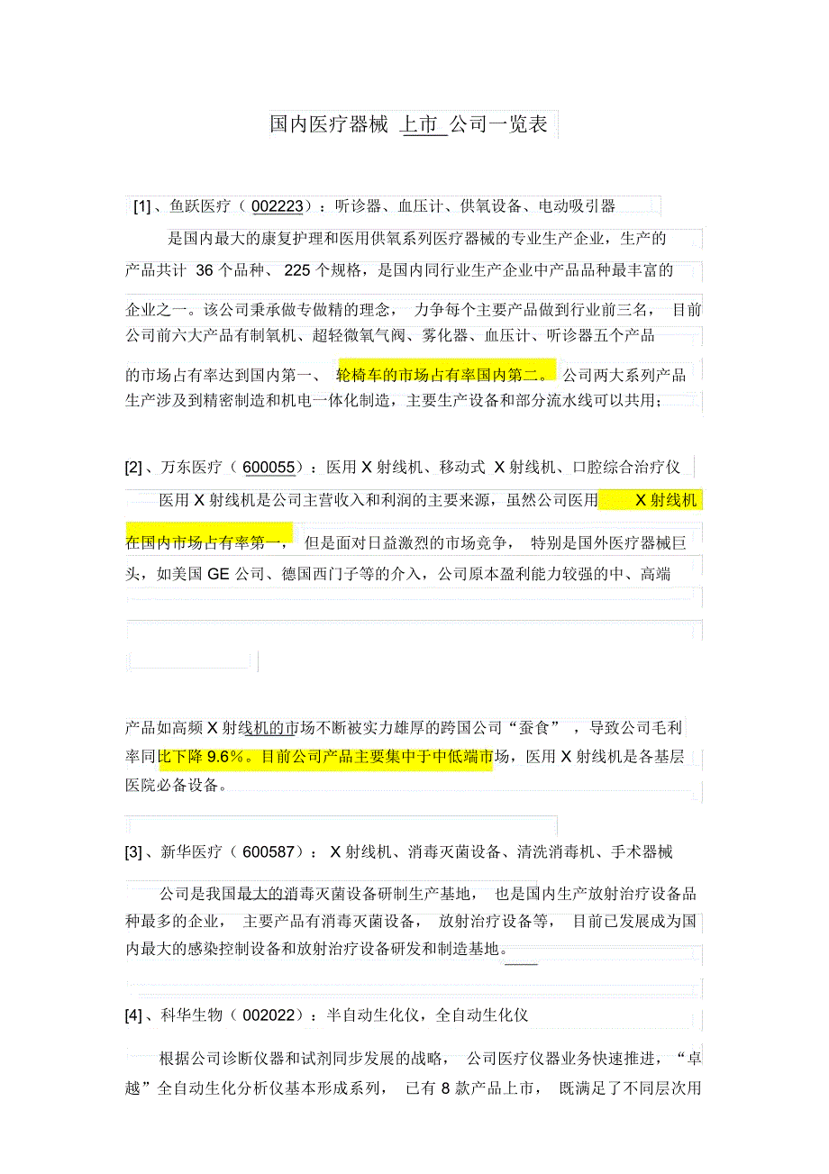 国内医疗器械上市公司一览表_第1页