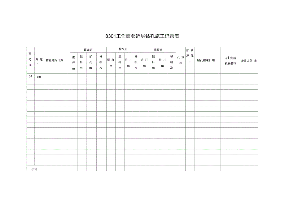 8301工作面邻近层钻孔施工记录表_第1页