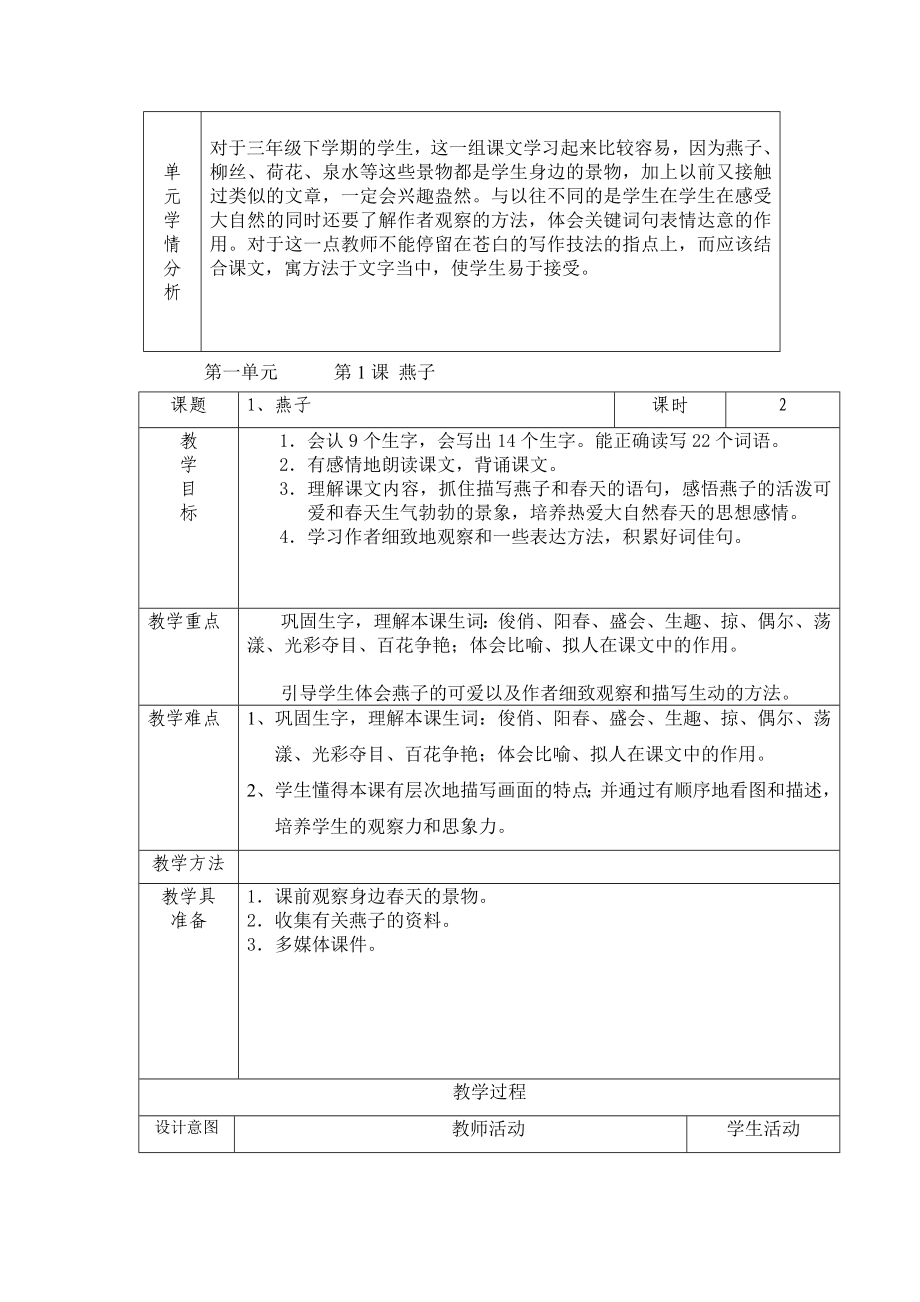 人教版三年级语文下册表格式全册教案设计_第2页