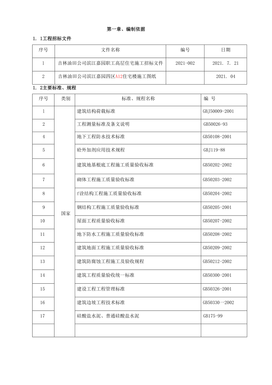 吉林油田滨江嘉园四区住宅楼工程施工组织设计_第1页