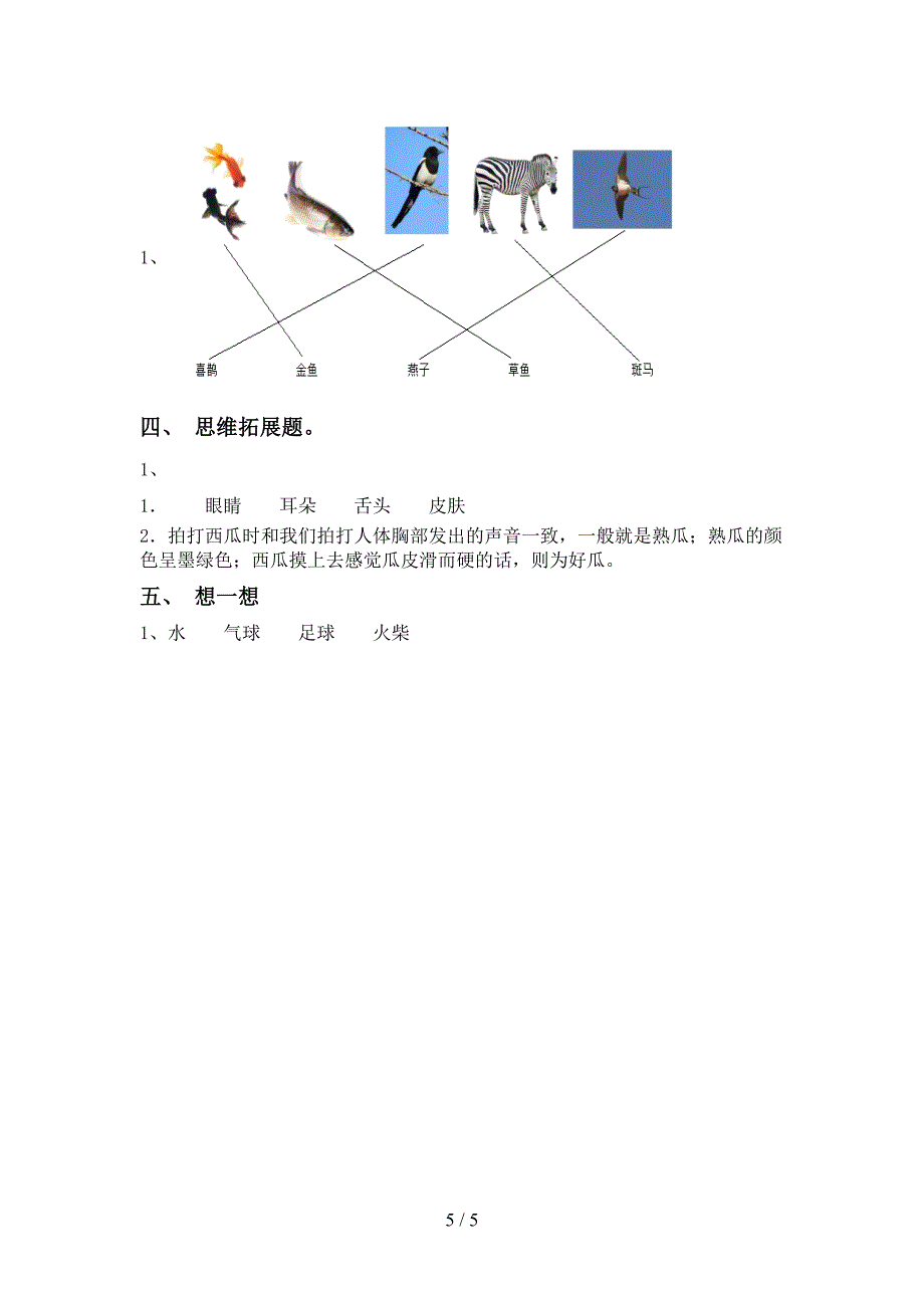 2022年一年级科学上册期中测试卷及答案【完整】.doc_第5页