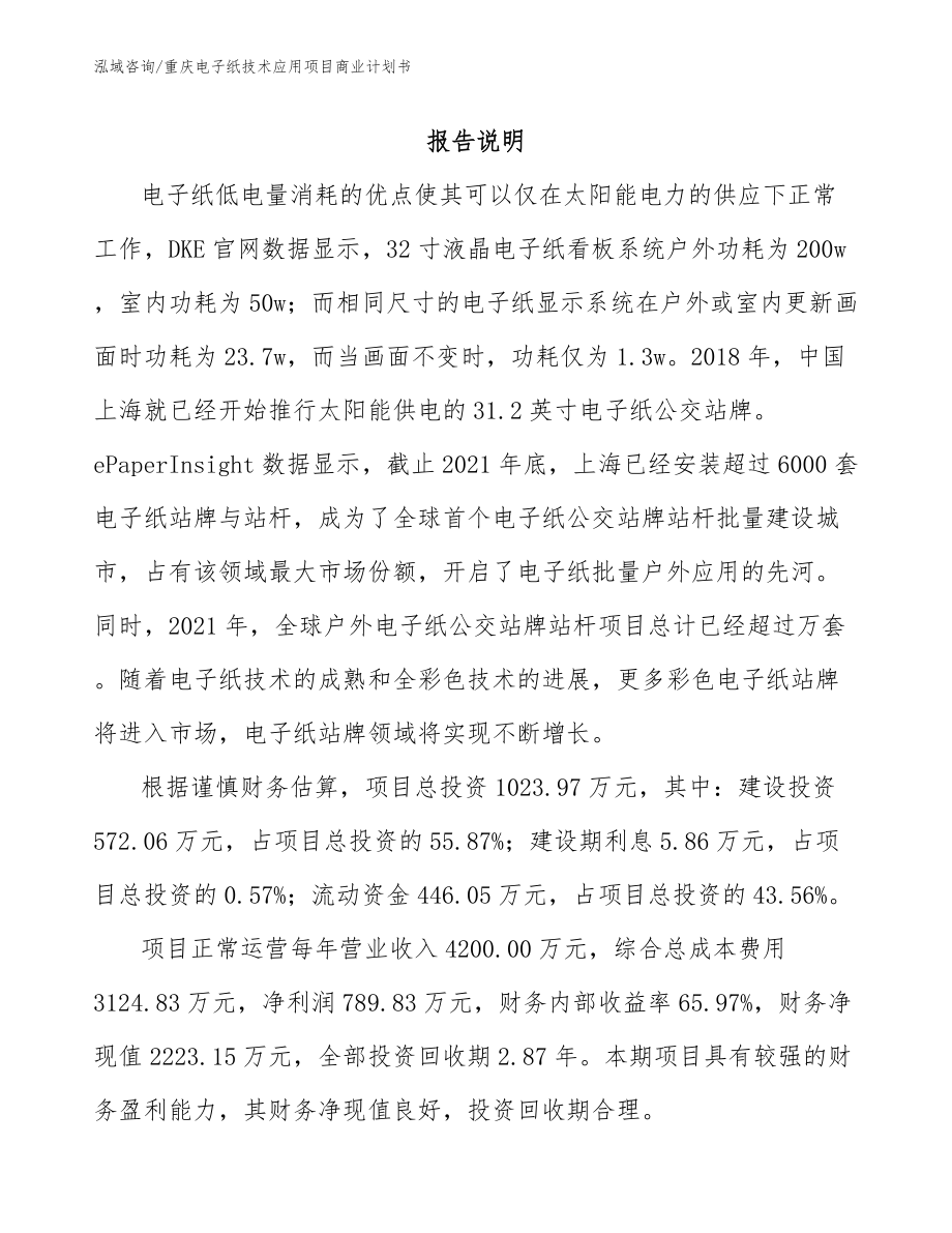 重庆电子纸技术应用项目商业计划书_模板范本