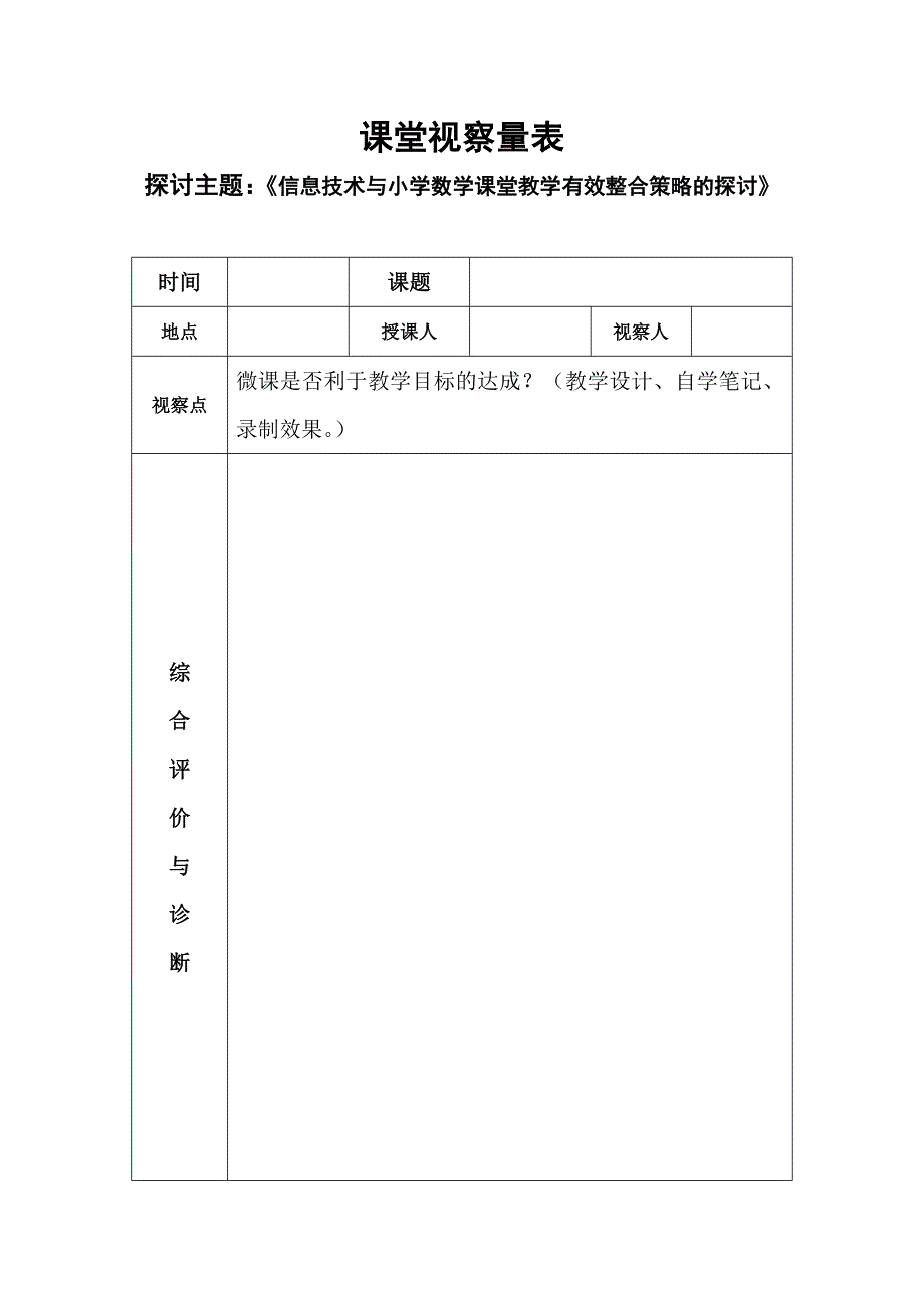 小学数学信息技术与课堂教学整合的课堂观察量表_第1页