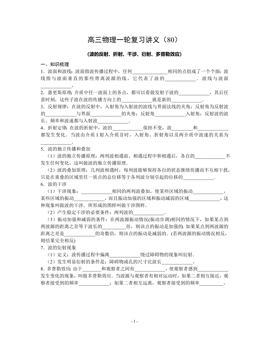 高三物理一轮复习讲义(80)波的反射、折射、干涉、衍射、多普勒效应.doc_第1页