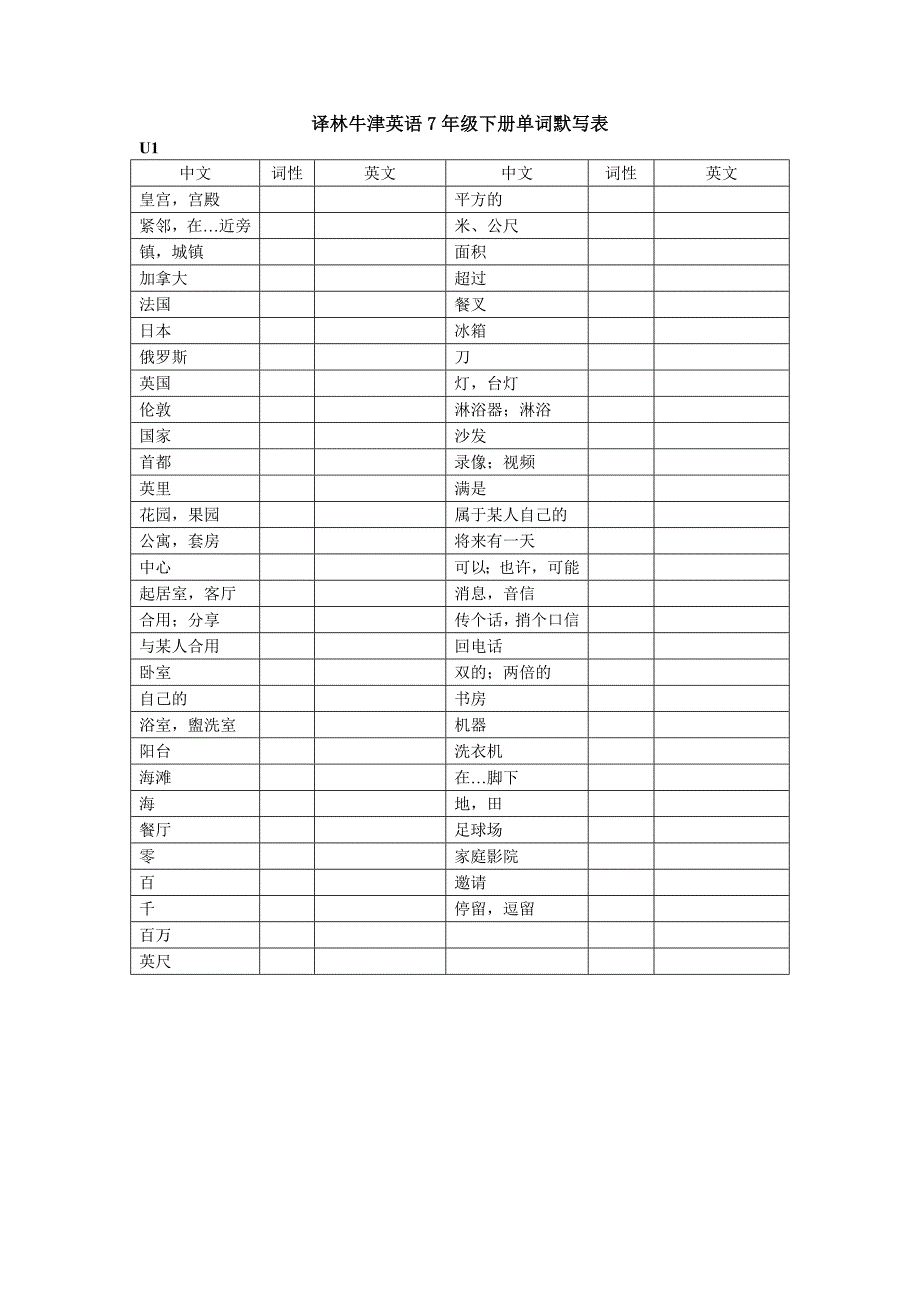 译林牛津英语7年级下册单词默写完美打印表_第1页