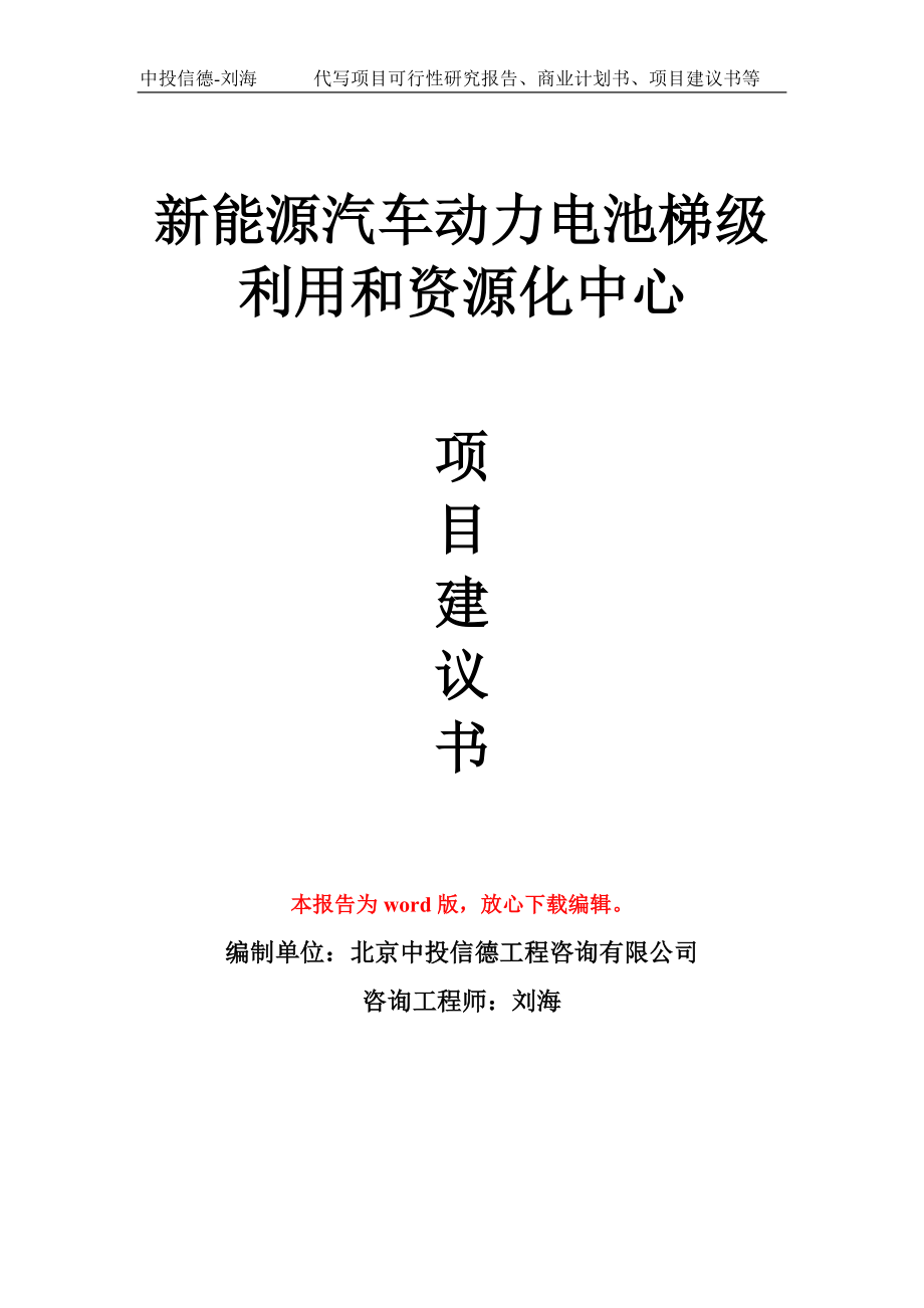 新能源汽车动力电池梯级利用和资源化中心项目建议书写作模板_第1页