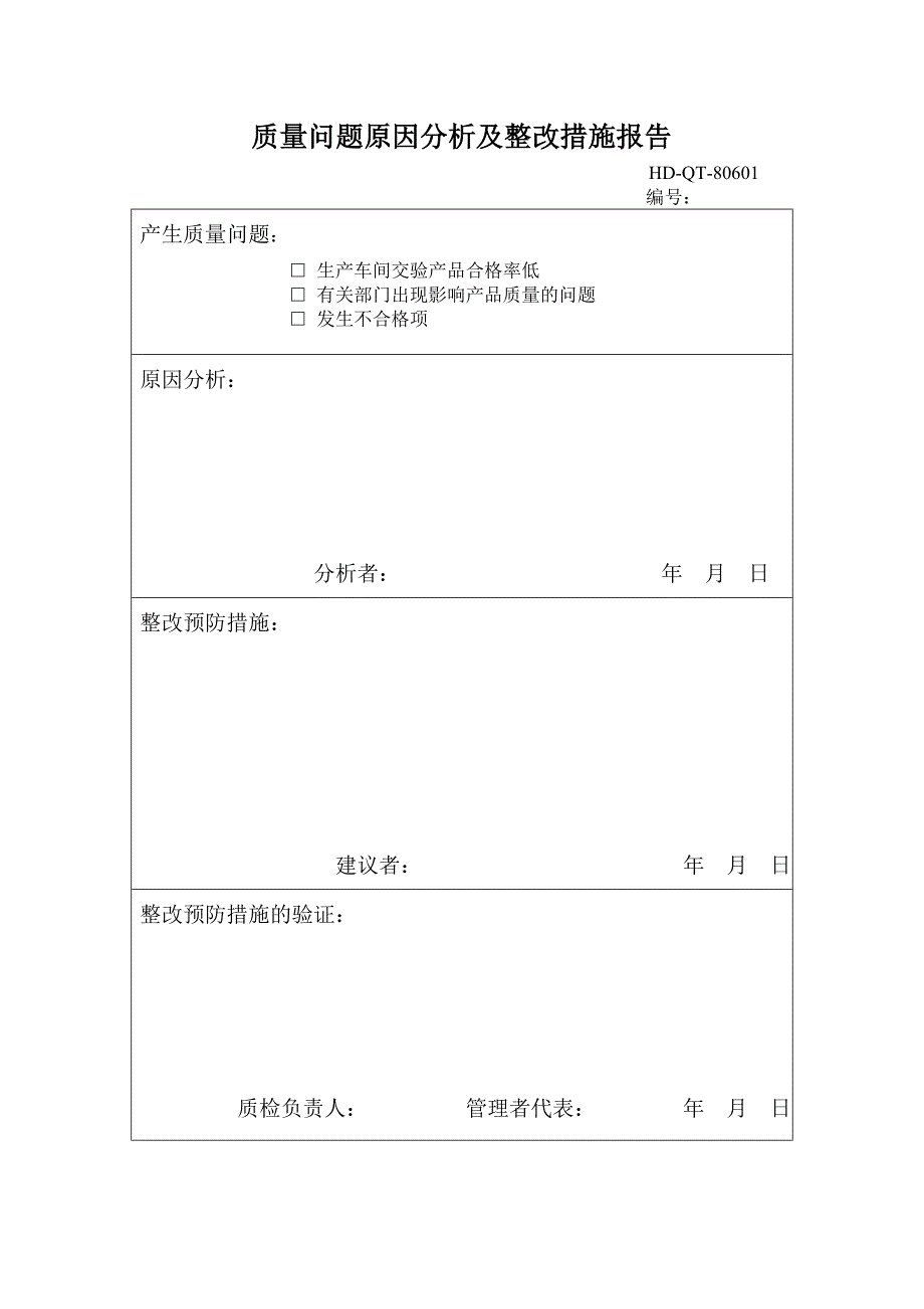 质量问题原因分析及整改措施报告(表格模板、DOC格式)客户投诉表格.doc_第1页