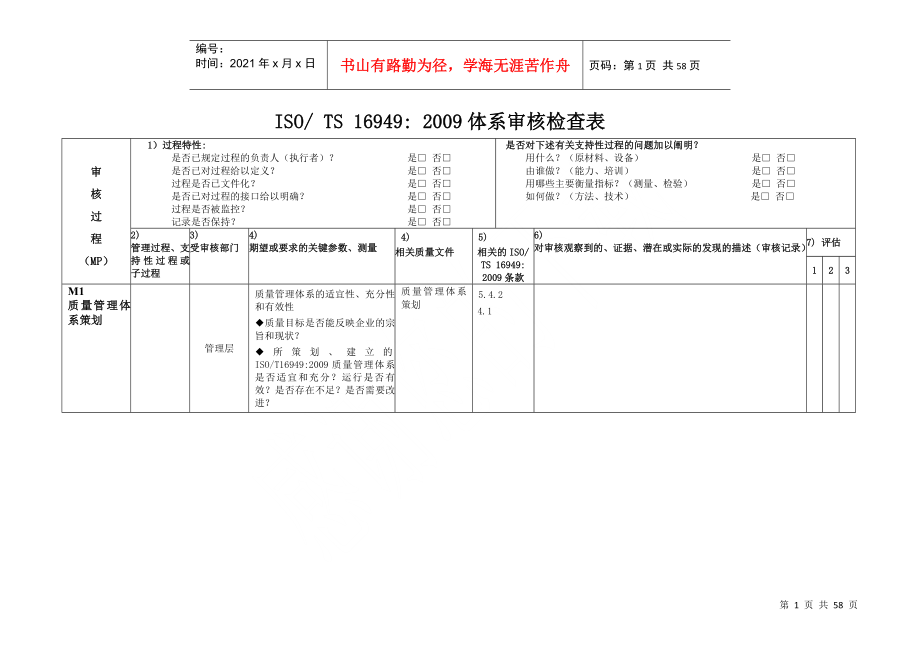 TS16949质量体系审核检查单—按过程编制(龙晖)_第1页