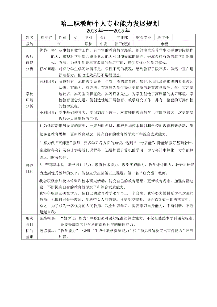 教师个人专业能力发展规划（崔丽红2013-2015）_第1页