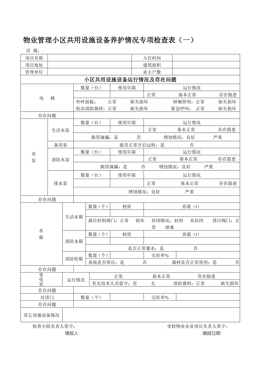 物业管理小区共用设施设备养护情况专项检查表(一)_第1页