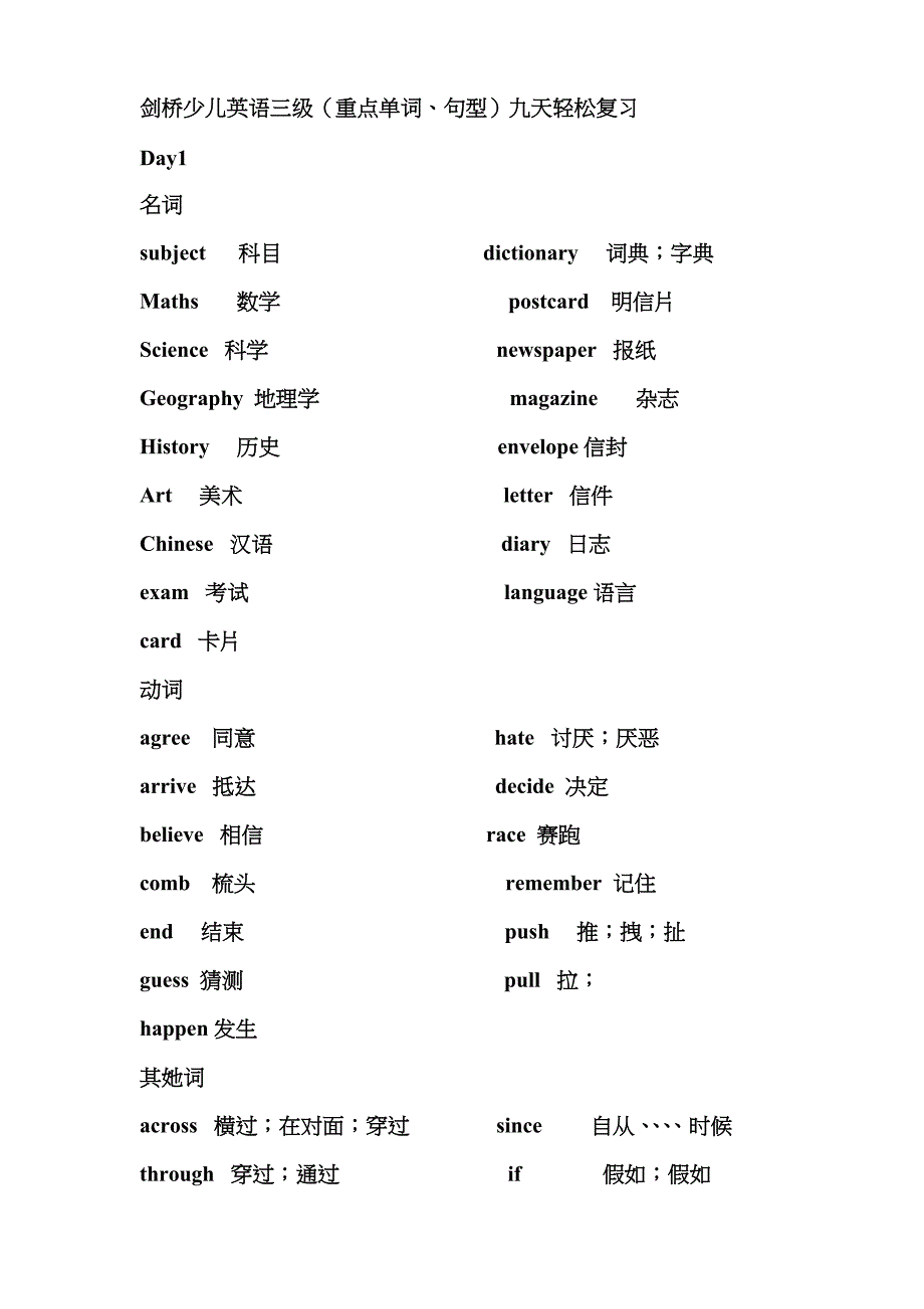 2023年原版剑桥少儿英语三级重点单词句型九天轻松复习_第1页