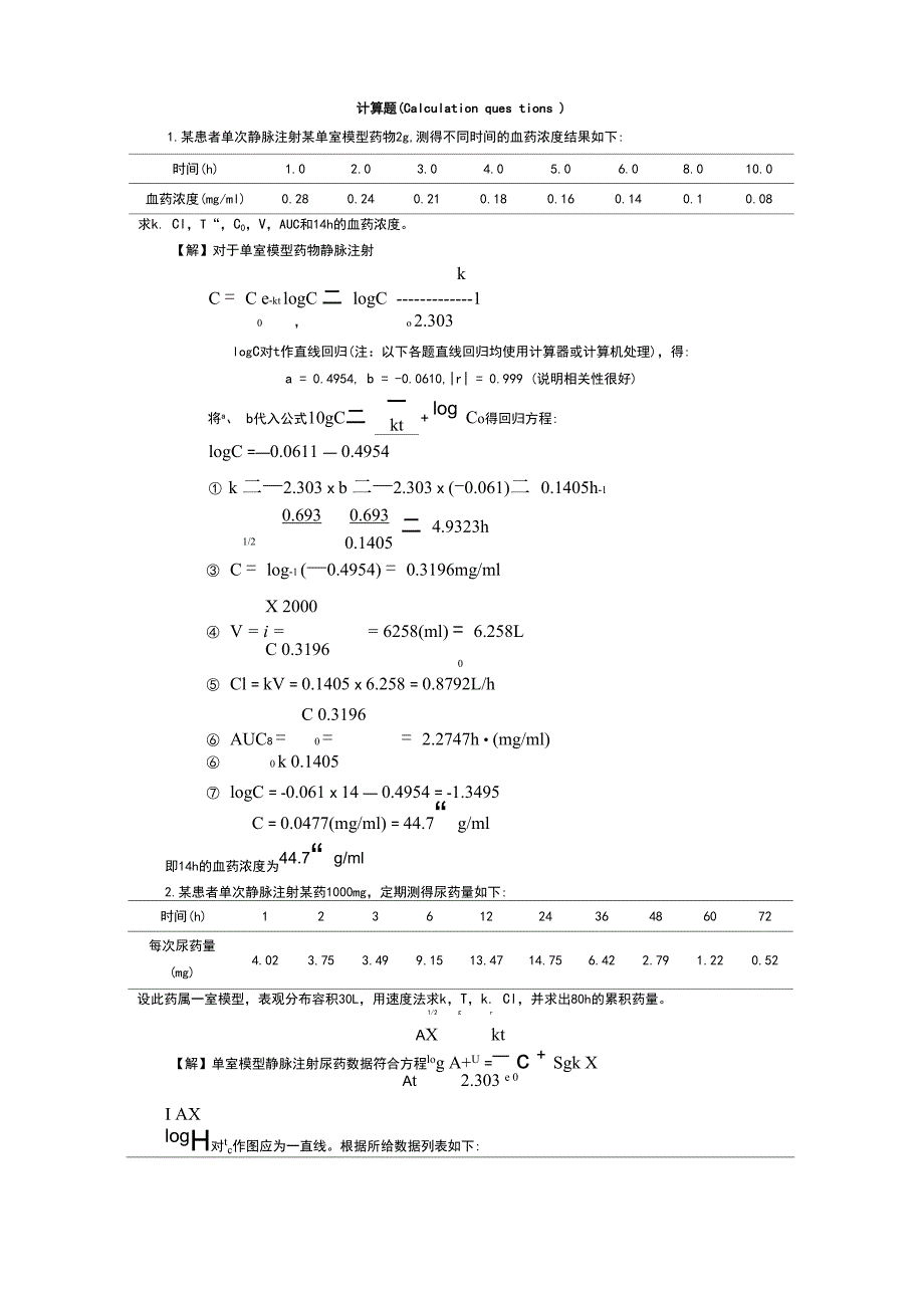 药代动力学代表计算题_第1页