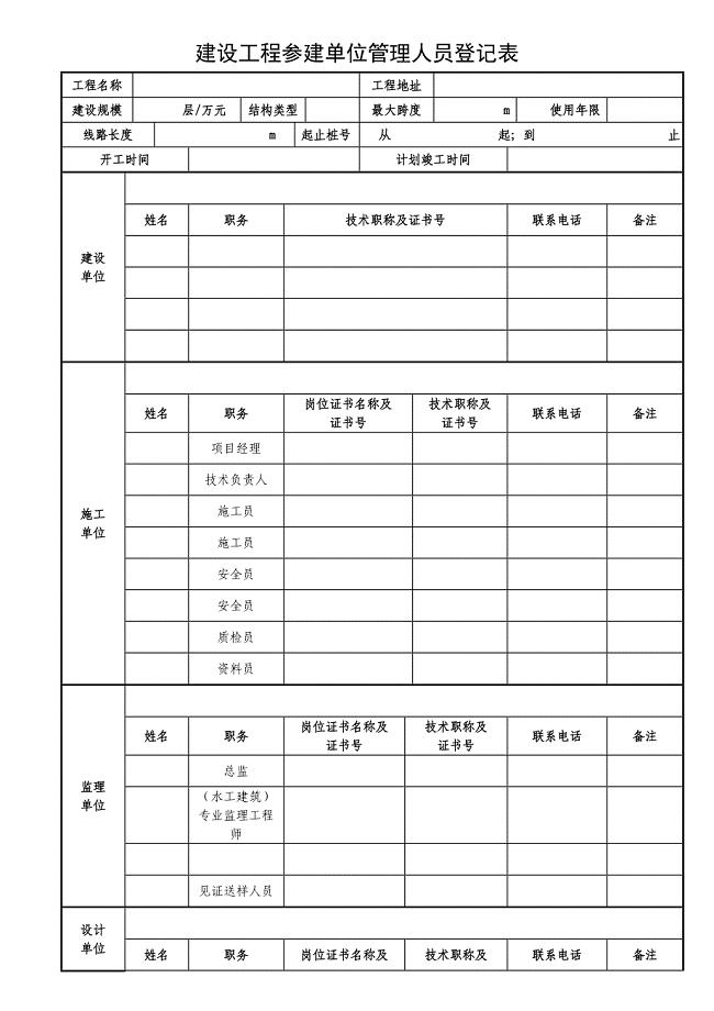 建设工程参建单位管理人员登记表