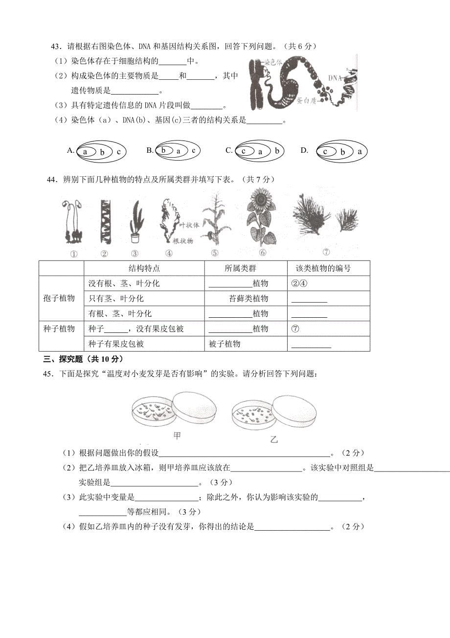 初一生物上期末考试卷及答案_第5页