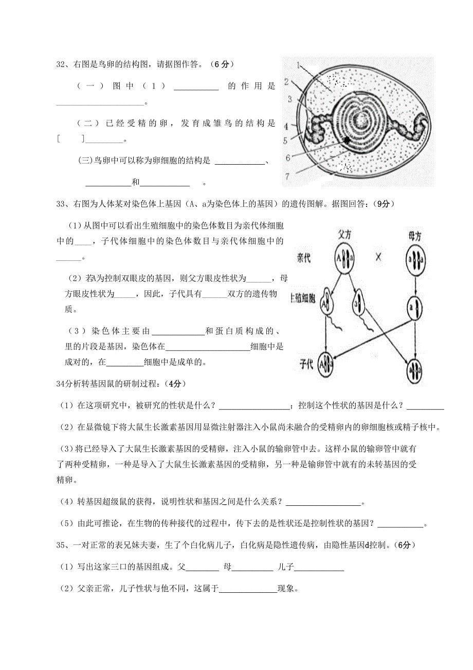 新人教版初中生物八年级下册期末测试试题含答案_第5页