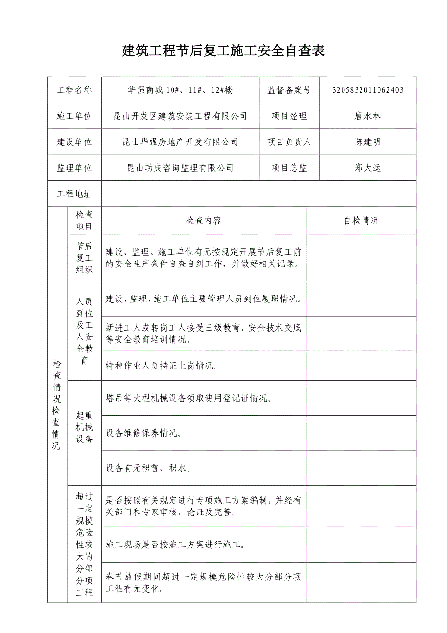 房屋建筑工程节后复工施工安全自查表_第1页