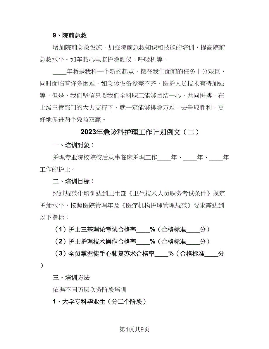 2023年急诊科护理工作计划例文（4篇）_第4页