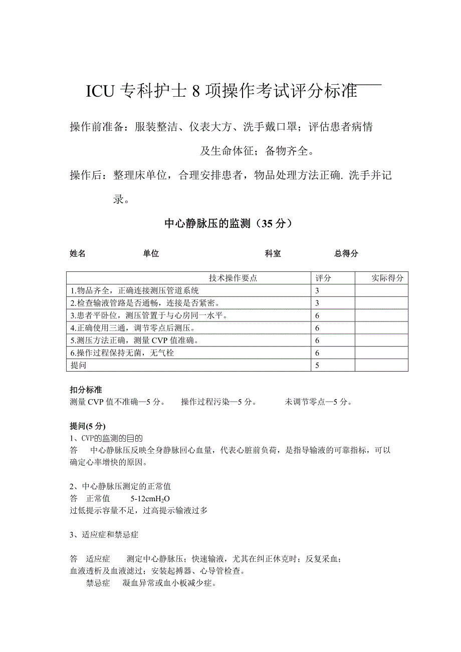 ICU专科护士8项操作考试评分标准_第1页