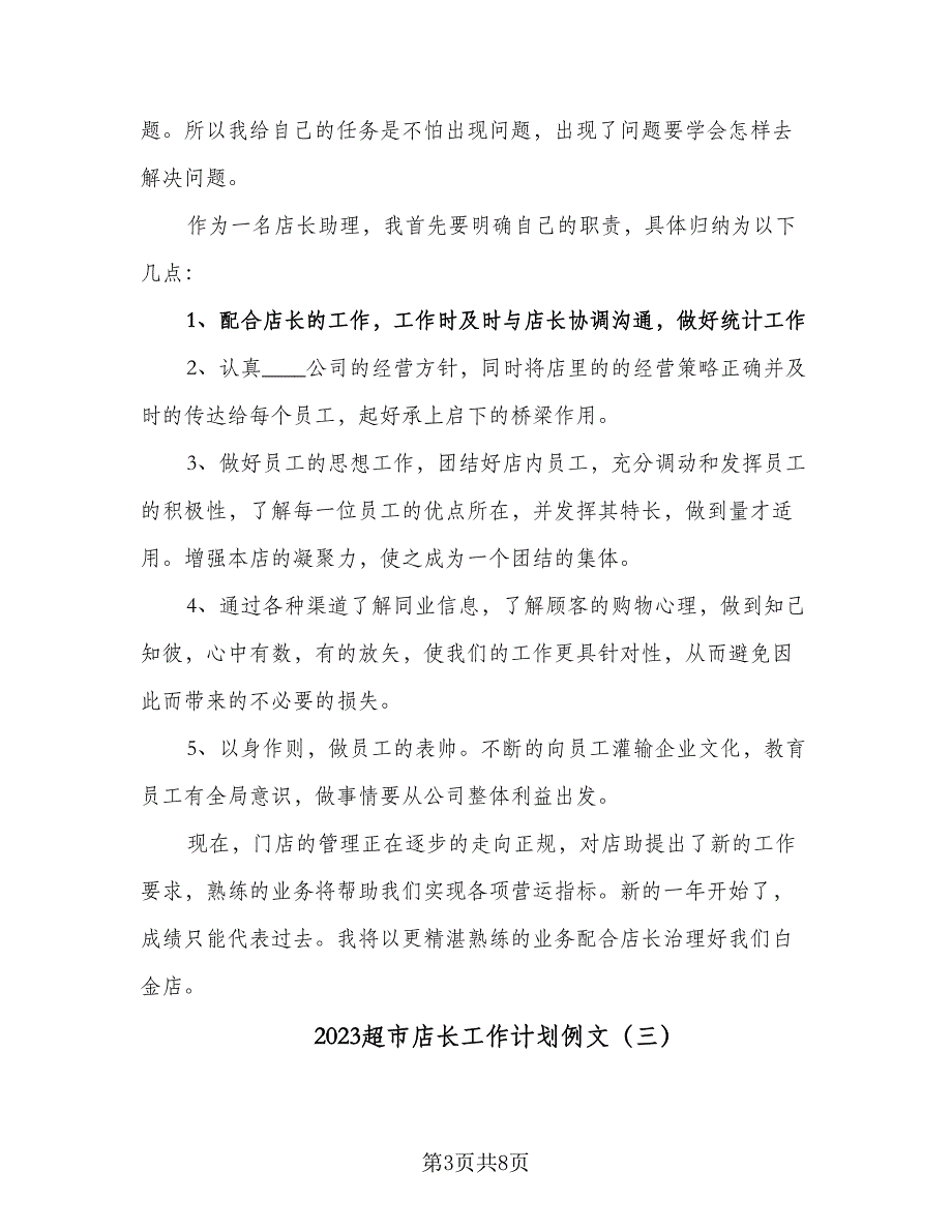 2023超市店长工作计划例文（4篇）_第3页