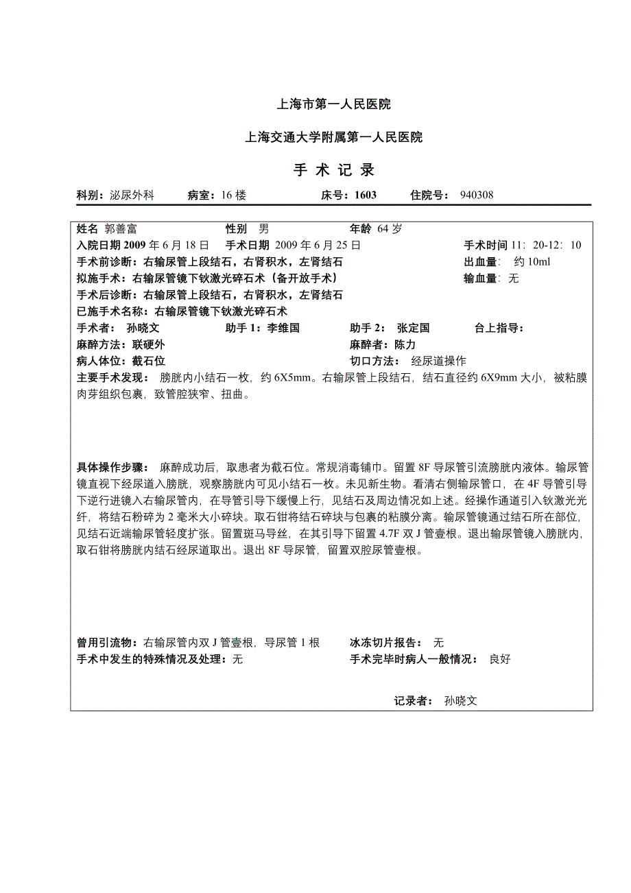 1603右输尿管镜碎石手术记录(郭善富090625)_第1页