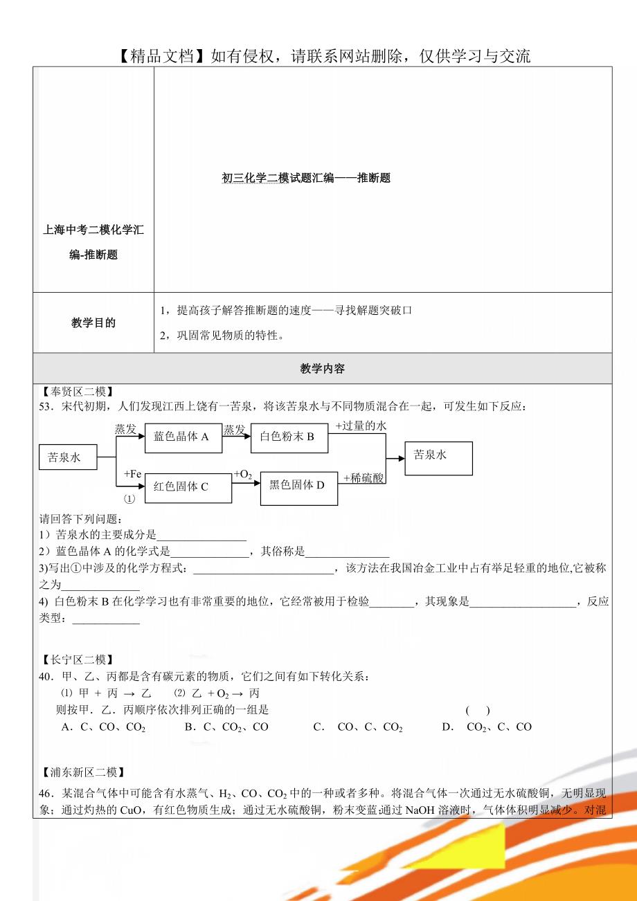 上海中考二模化学汇编-推断题_第1页