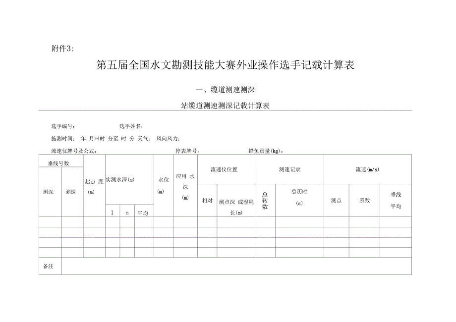 第五届全国水文勘测技能大赛外业操作选手记载计算表_第1页