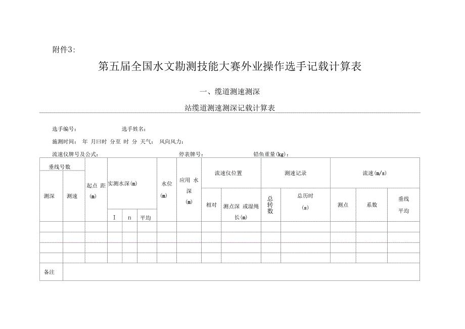 第五届全国水文勘测技能大赛外业操作选手记载计算表