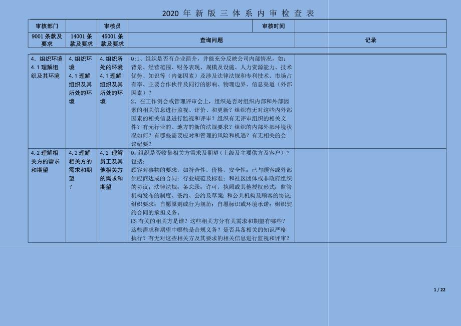 200810-2020年新版三体系内审检查表(全条款)(1)_第1页