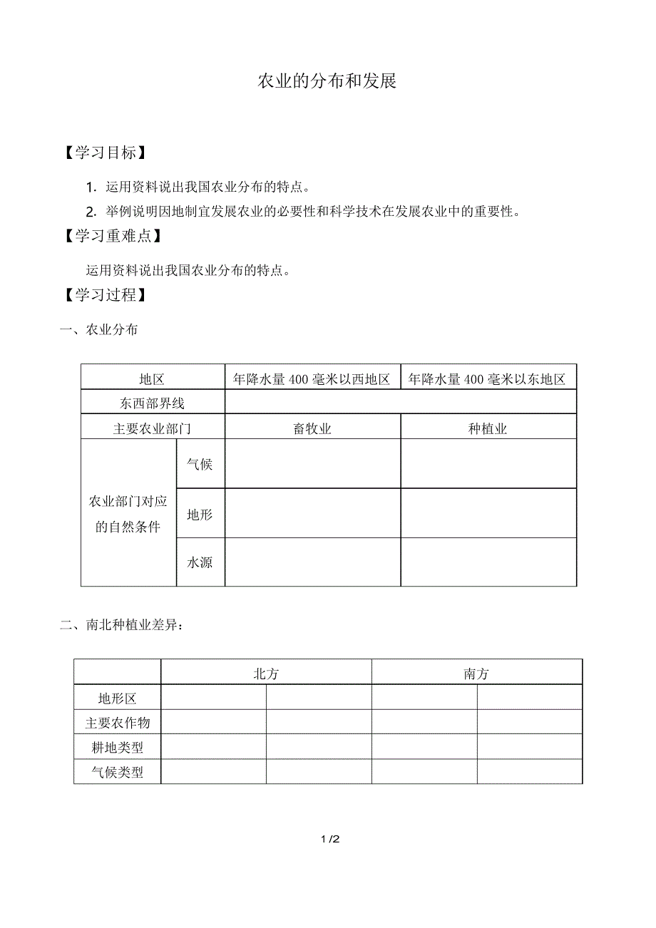 北京版地理七年级下册5.1 农业的分布和发展学案_第1页