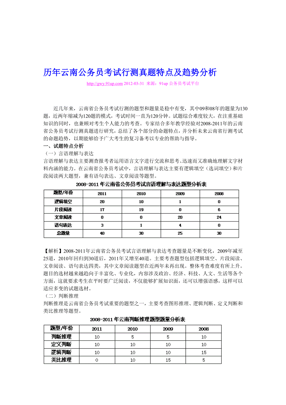 历年云南公务员考试行测真题特点及趋势分析_第1页