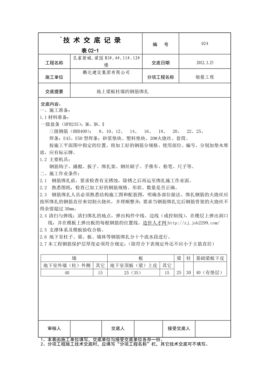 地上梁板柱墙的钢筋绑扎技术交底（附详图）_第1页