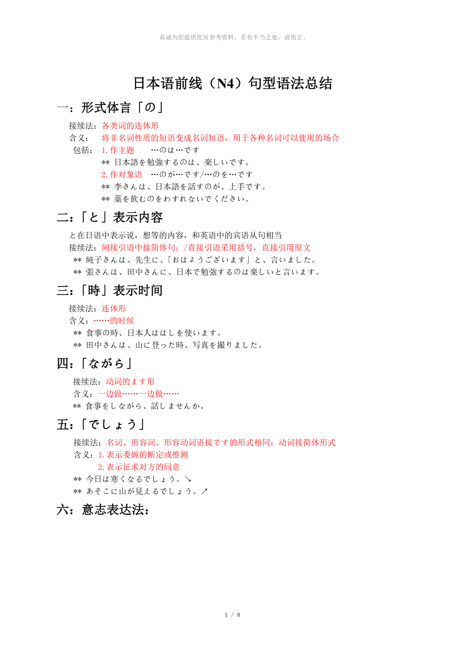 日本语前线N4教程语法总结_第1页