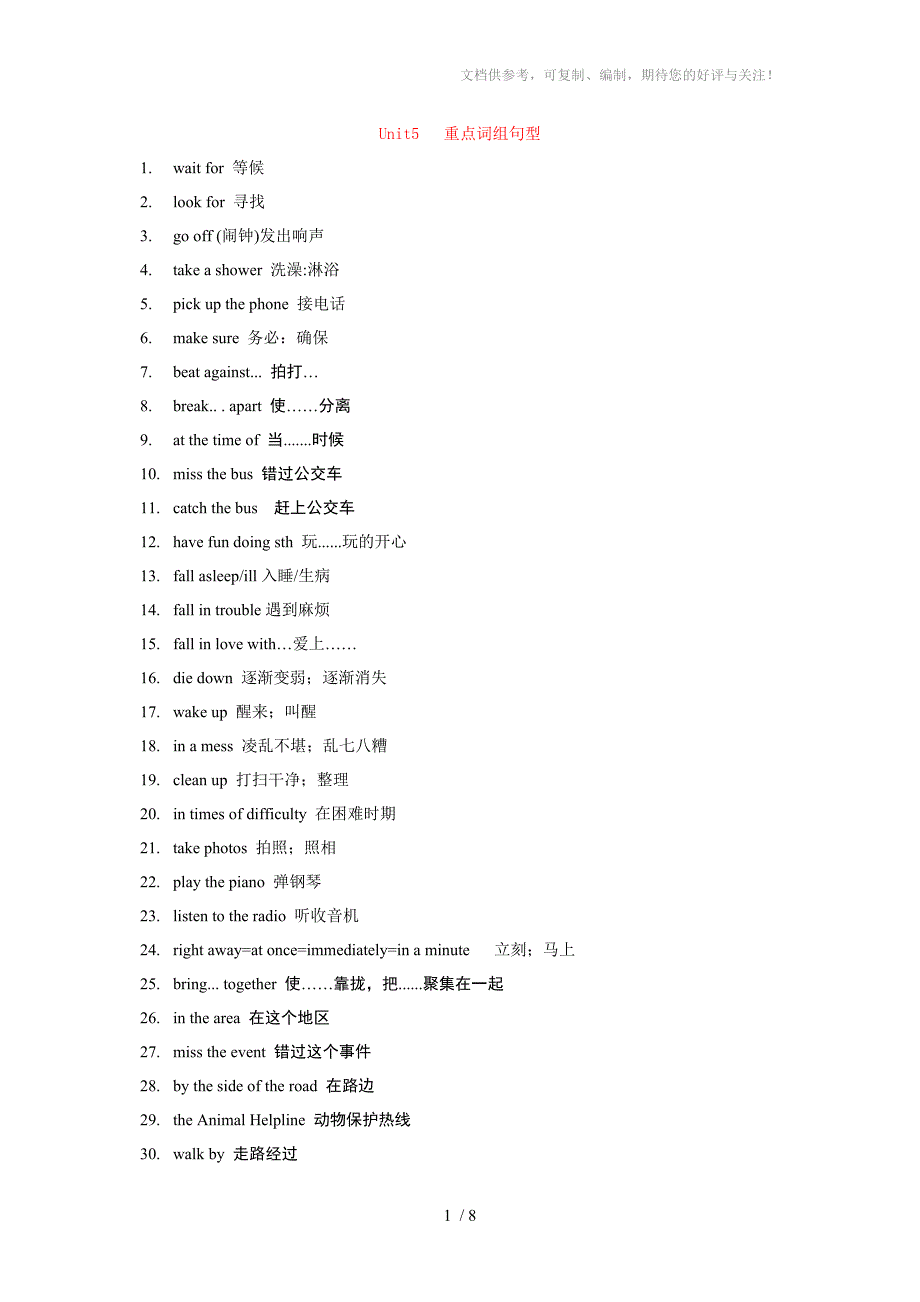 八年级英语下unit5重点词组句子_第1页