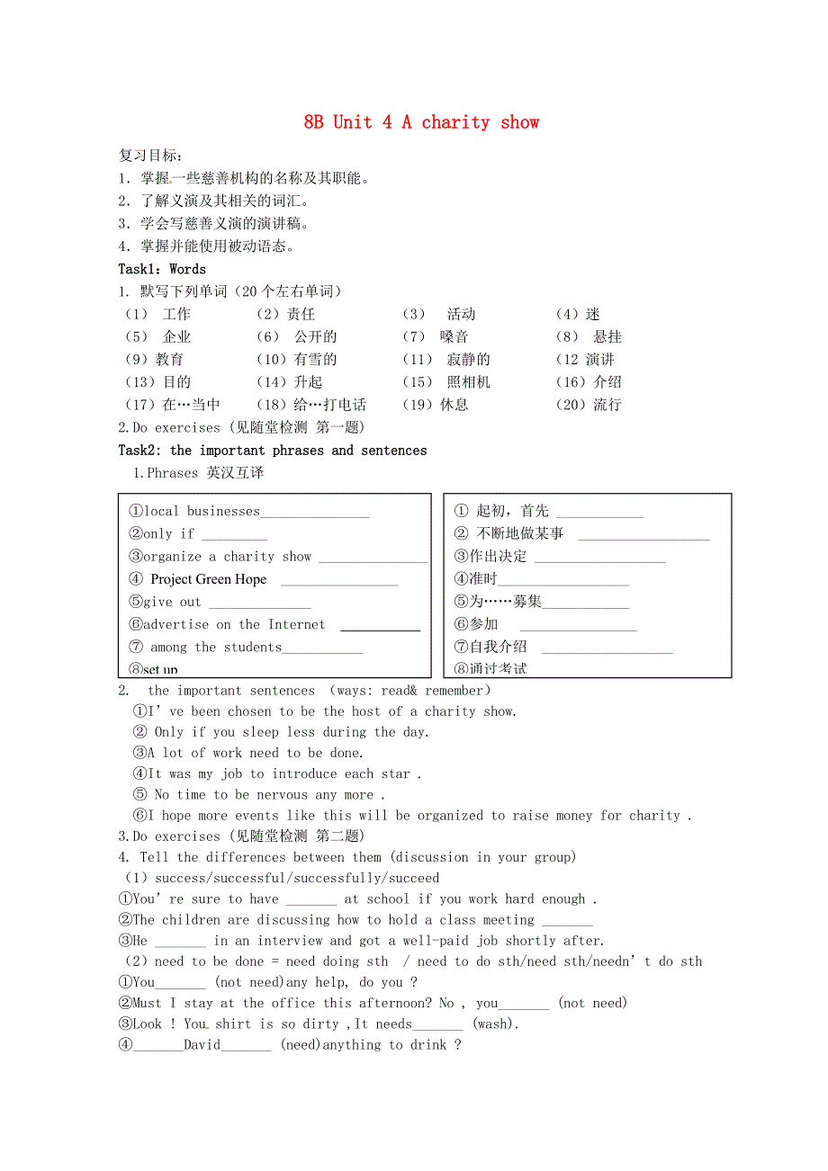 江苏省响水县老舍中学2015届中考英语一轮复习八下Unit4Acharityshow_第1页