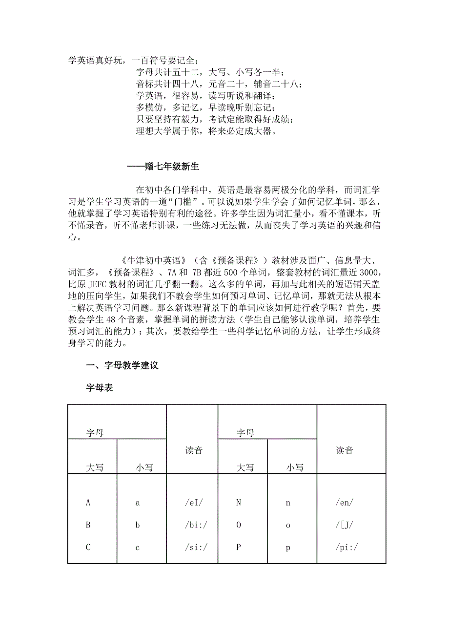 七级英语字母 音标的教学建议_第1页