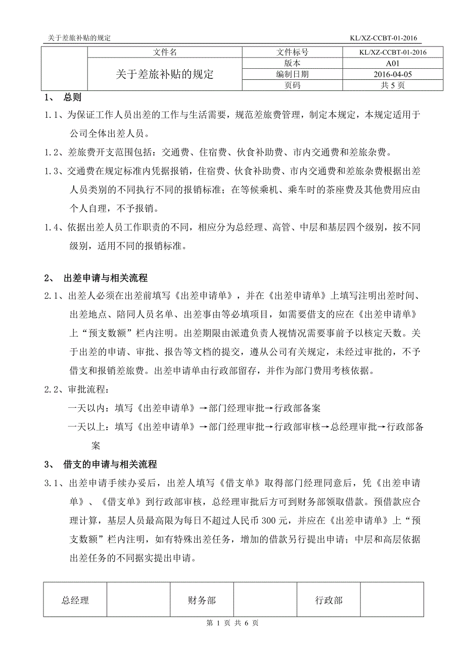 公司差旅及出差补贴规定(小公司).doc_第1页