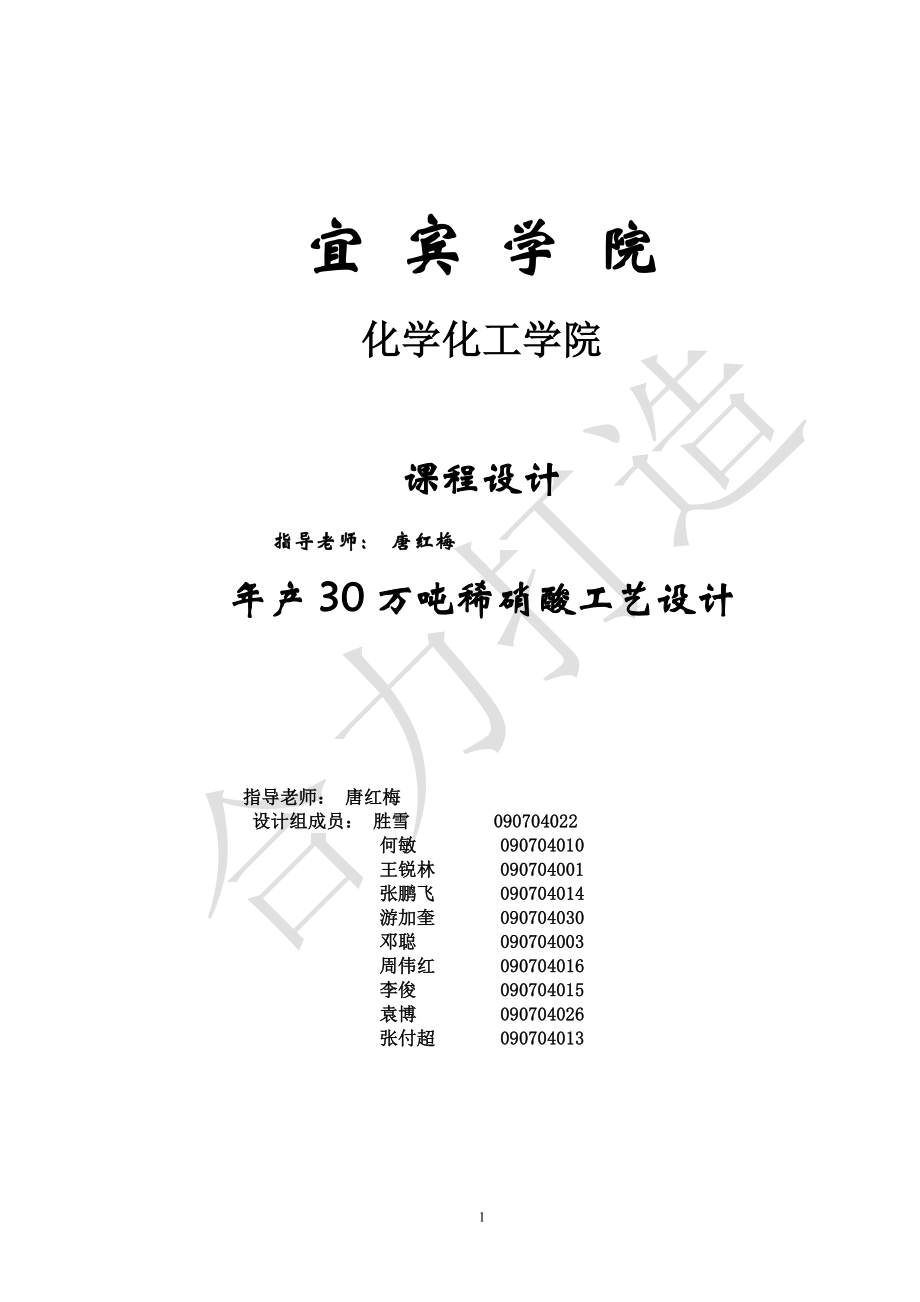 年产30万吨稀硝酸工艺设计说明书_第1页