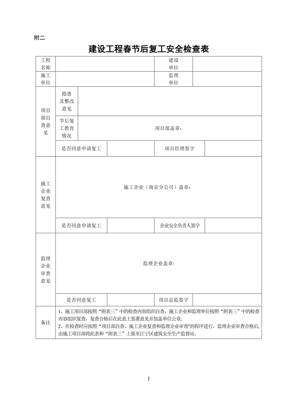 建设工程春节后复工安全检查表_第1页