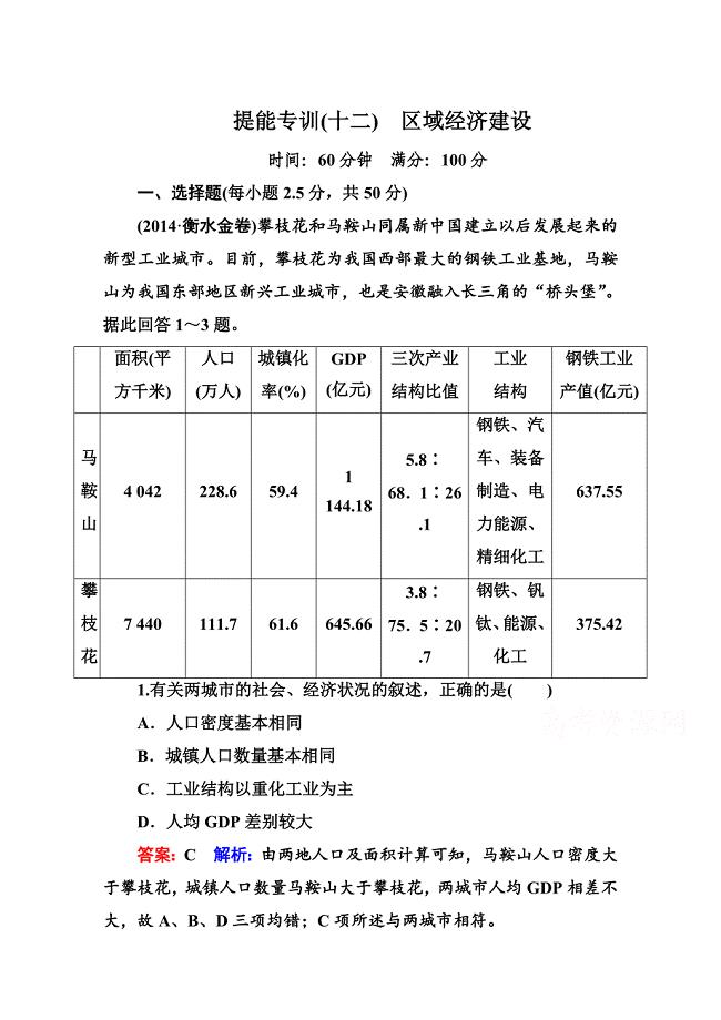 高考地理二轮专题复习专训【12】第3讲区域经济建设含答案