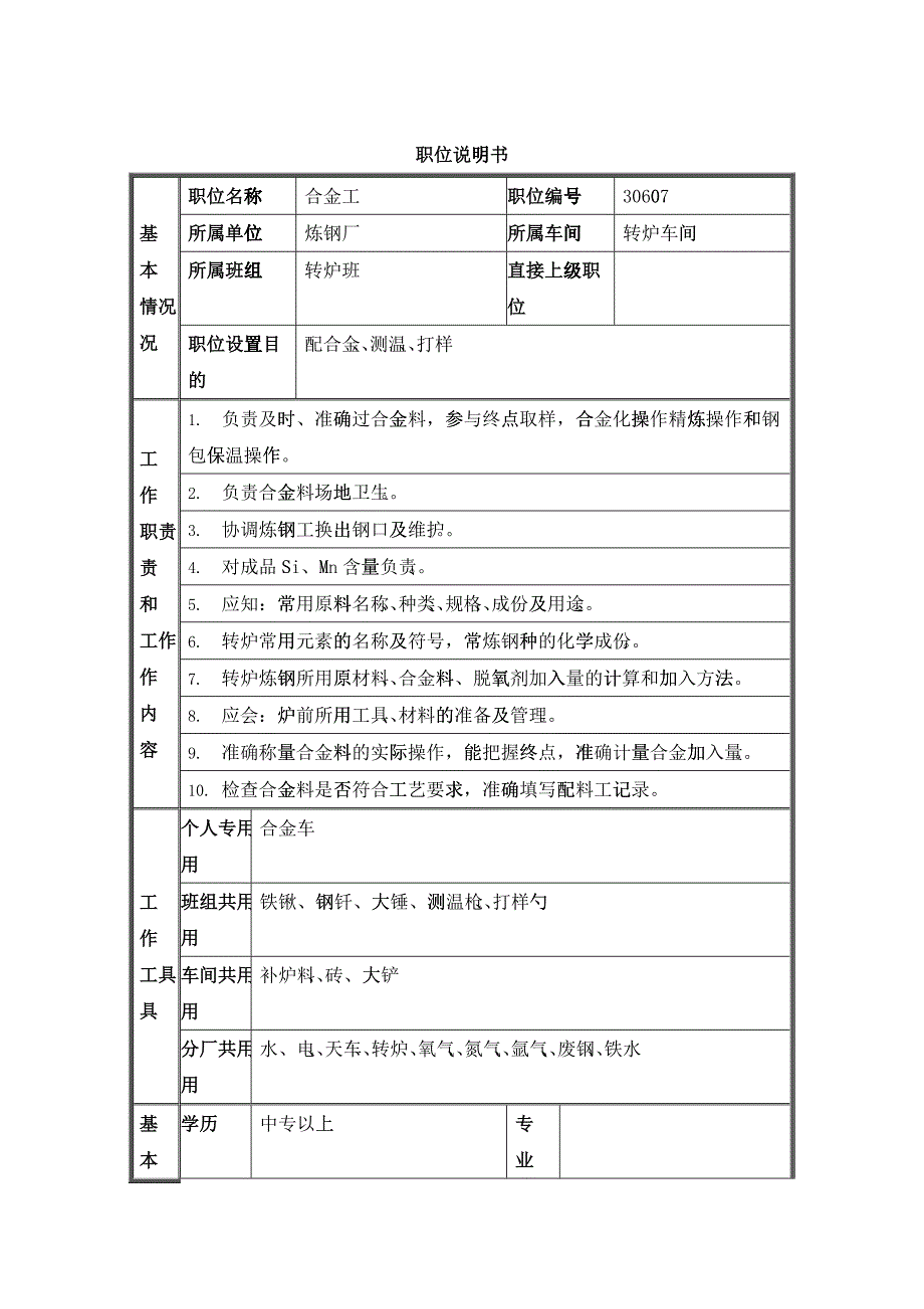 德龙钢铁-合金工职位说明书_第1页