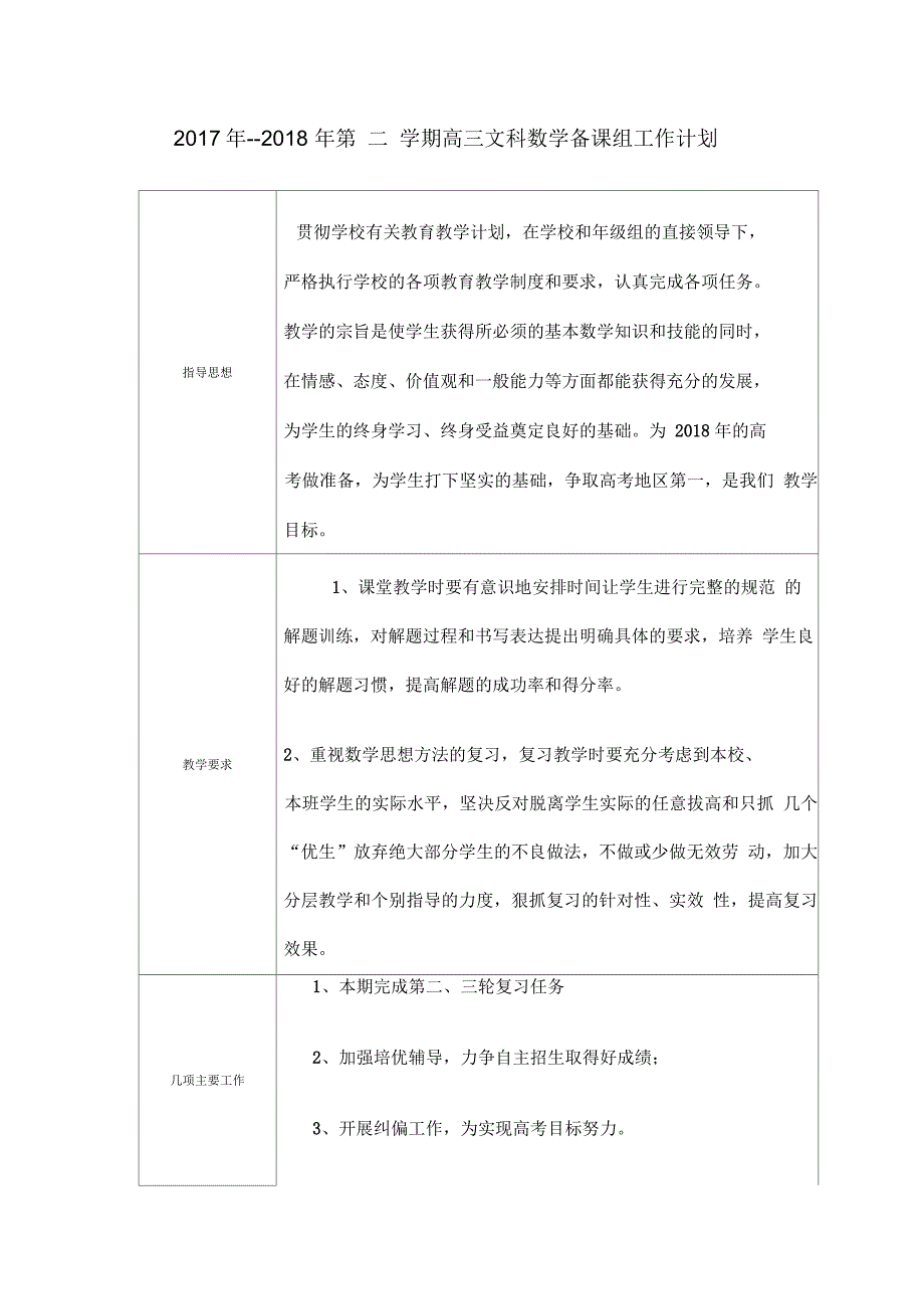 2017年--2018年第二学期高三文科数学备课组工作计划_第1页