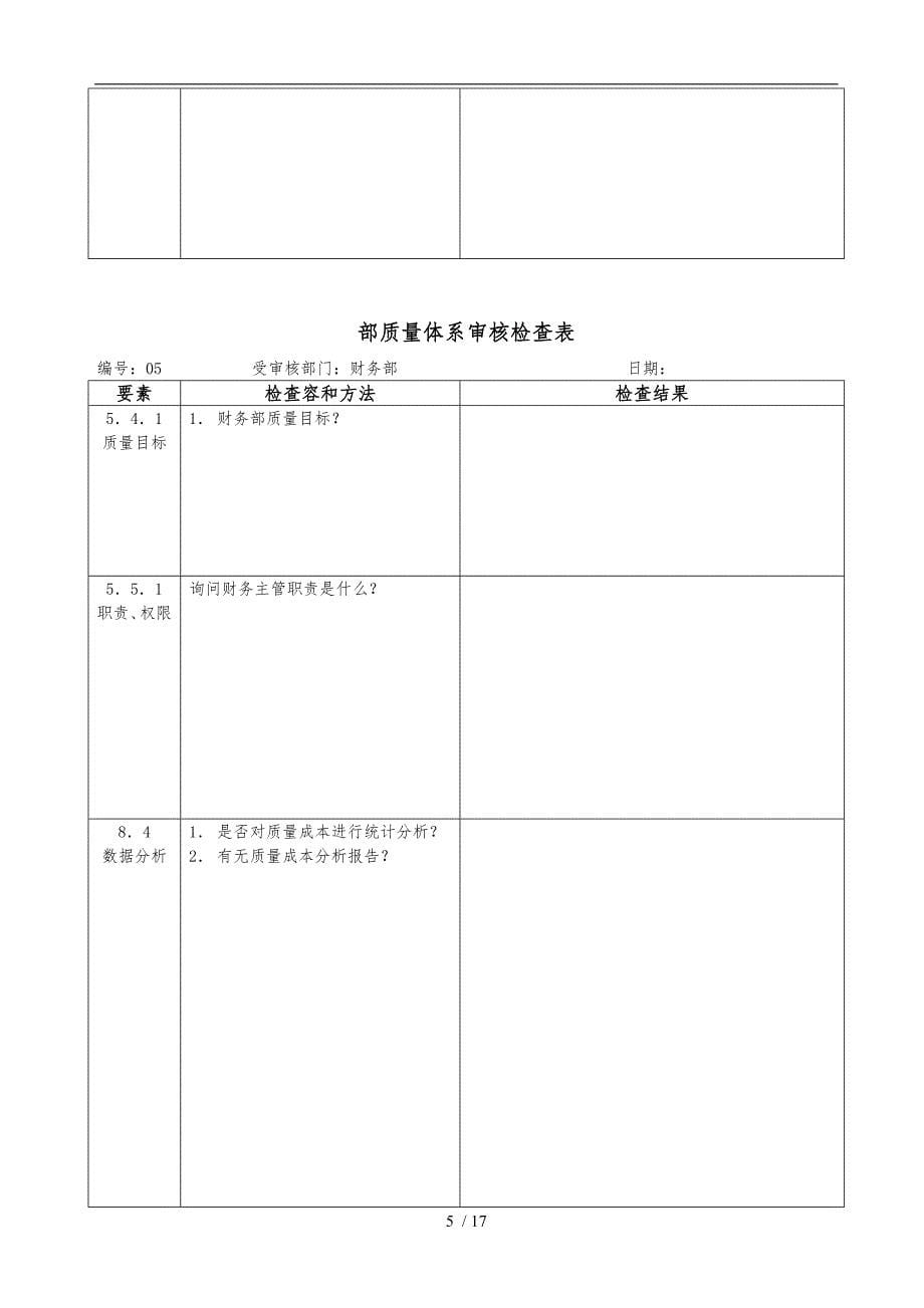 企业内部质量体系审核检查表_第5页