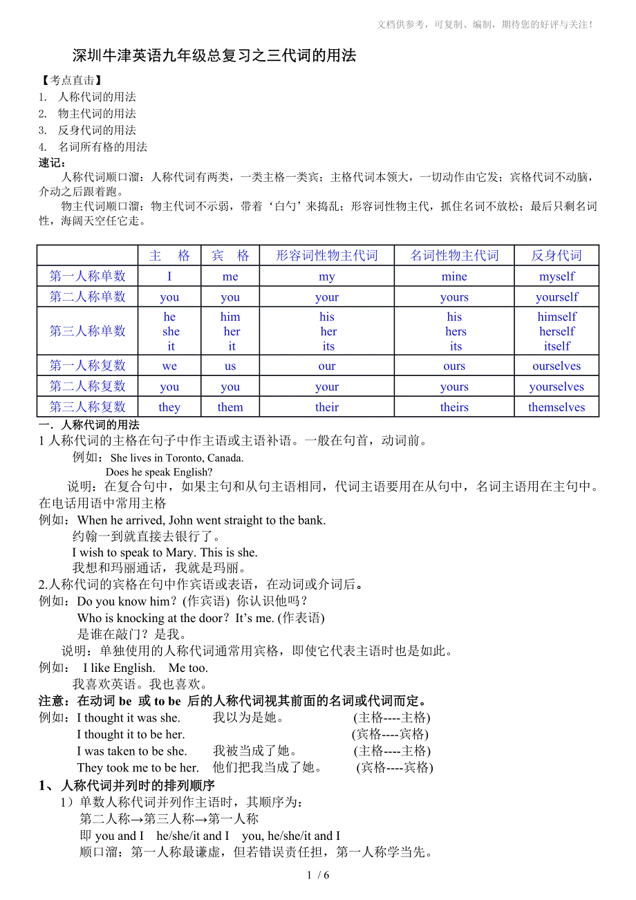 深圳牛津英语九年级总复习之三代词的用法_第1页