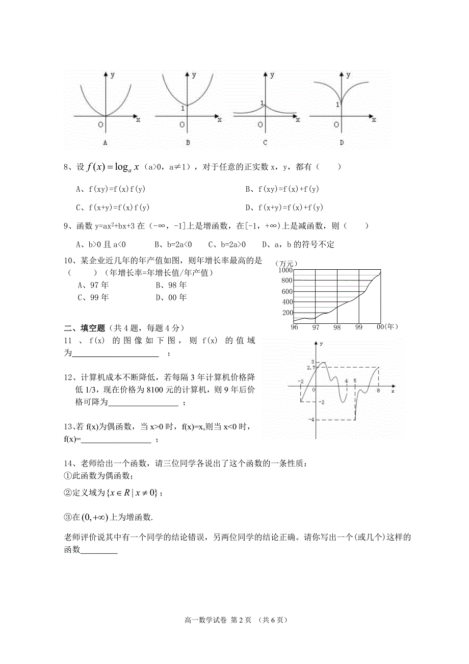 高一数学必修一期末试卷及答案.doc_第2页